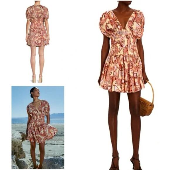 NWT A.L.C. Luna Mini Dress Smocked Ruched Ruffle ALC V-Neck Paisley Print sz S 4 - Picture 12 of 15